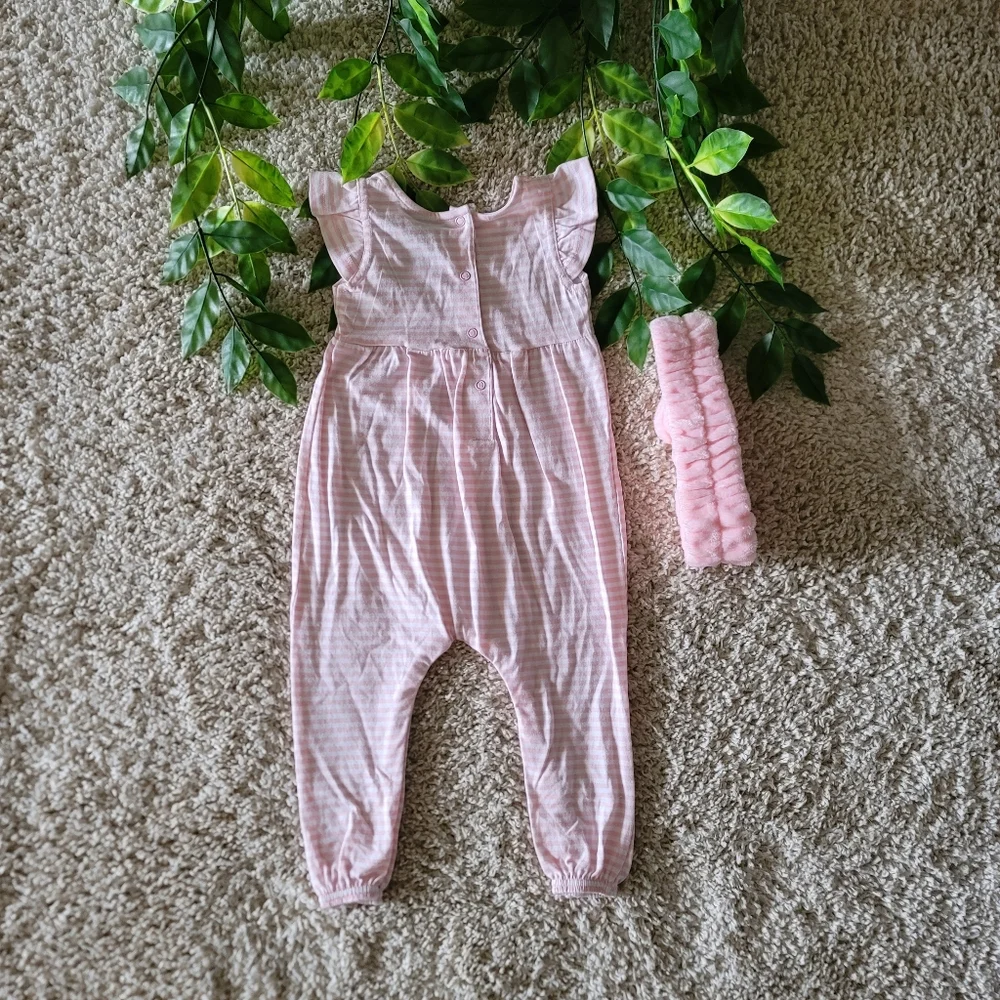 Baby Girl Pink Striped Romper + Headband (12-18 Months) - Picture 2 of 5